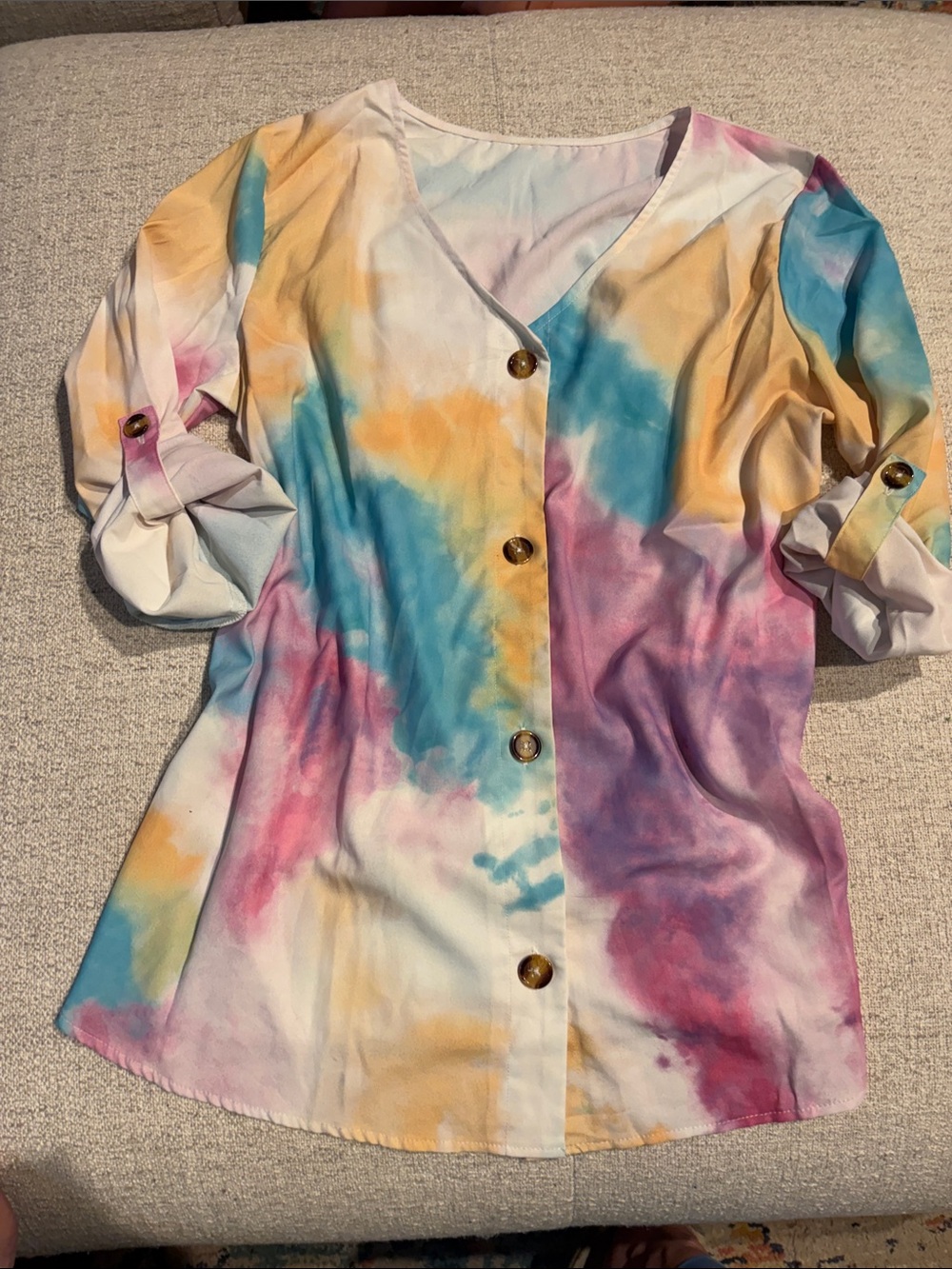 Women's V-Neck Button Front Blouse in Multicolor Tie-Dye